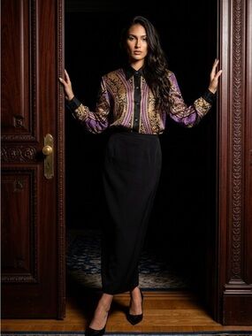 Liz Claiborne Black Maxi Skirt with Ornate Purple & Gold Blouse